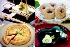 リンゴの天ぷら、リンゴ入りドーナツ、リンゴ入りすまし汁、アップルパイの4枚の写真